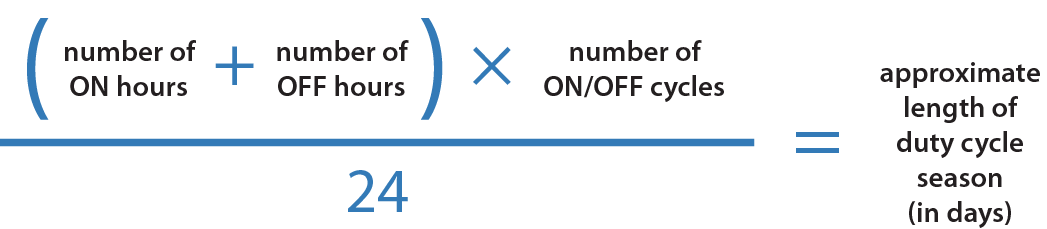 [(number of ON hours + number of OFF hours) x (number of ON/OFF cycles)] / 24 = approximate length of duty cycle season (in days)
